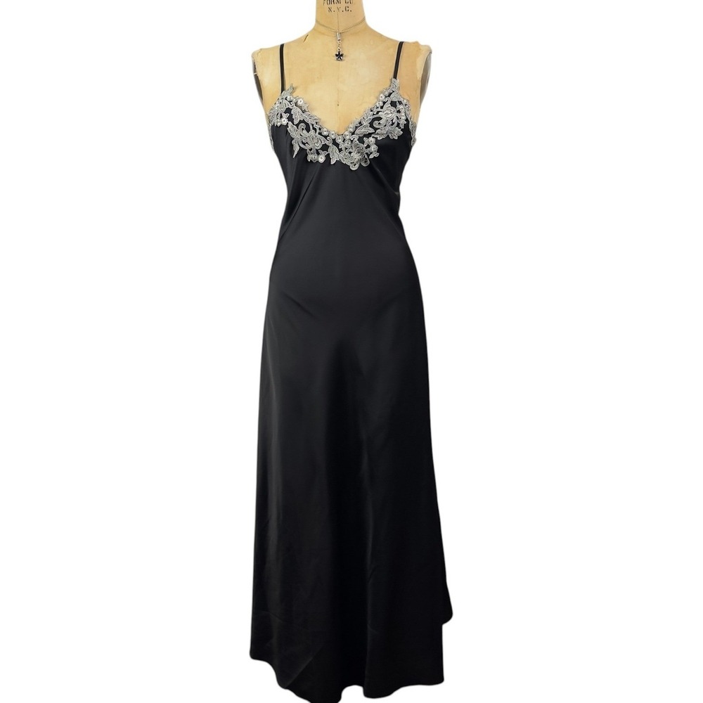 90s Lace Trim Black Maxi Slip Dress Dark Romantic Formal Evening Gown Size L
